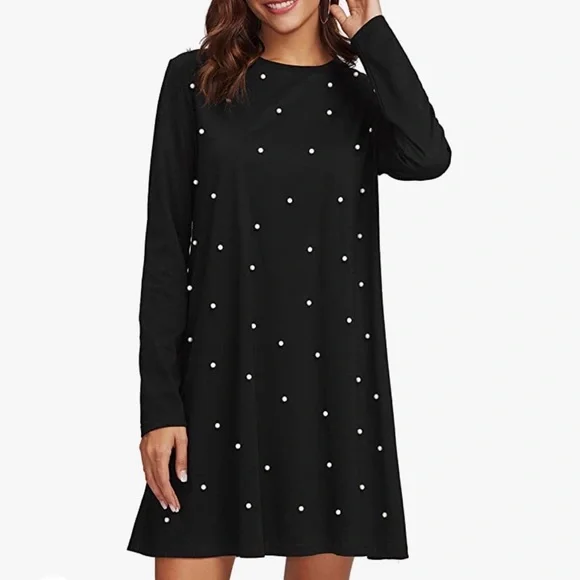 Holla Dresses | Black Pearl Embellished Long Sleeve Mini Dress | Color: Black | Size: M | Katherinekmo's Closet